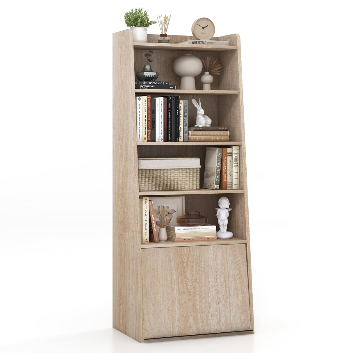 Tier Bookcase, Modern Bookshelf w/ 2 Adjustable Shelves & Flip-up Door, Wood Storage