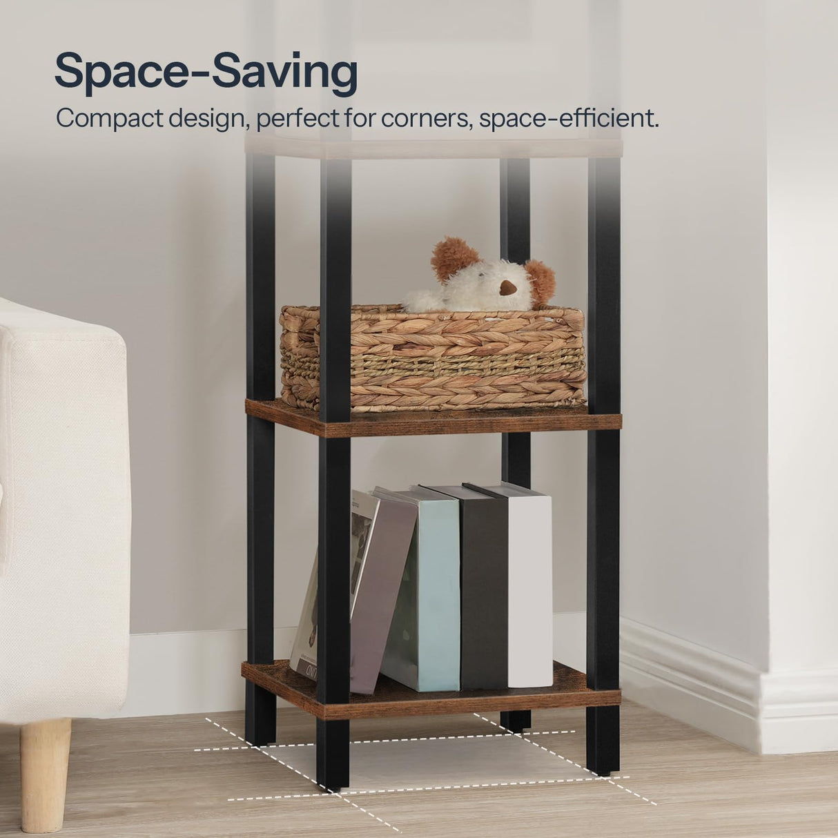 Small Bookcase, Industrial Style Bookshelf for Narrow Spaces, 4-Tier Square Book Shelf Stand, Wooden Storage Rack Display Shelf, Corner Shelf for Living Room, Rustic Brown and Black BF08CJ01