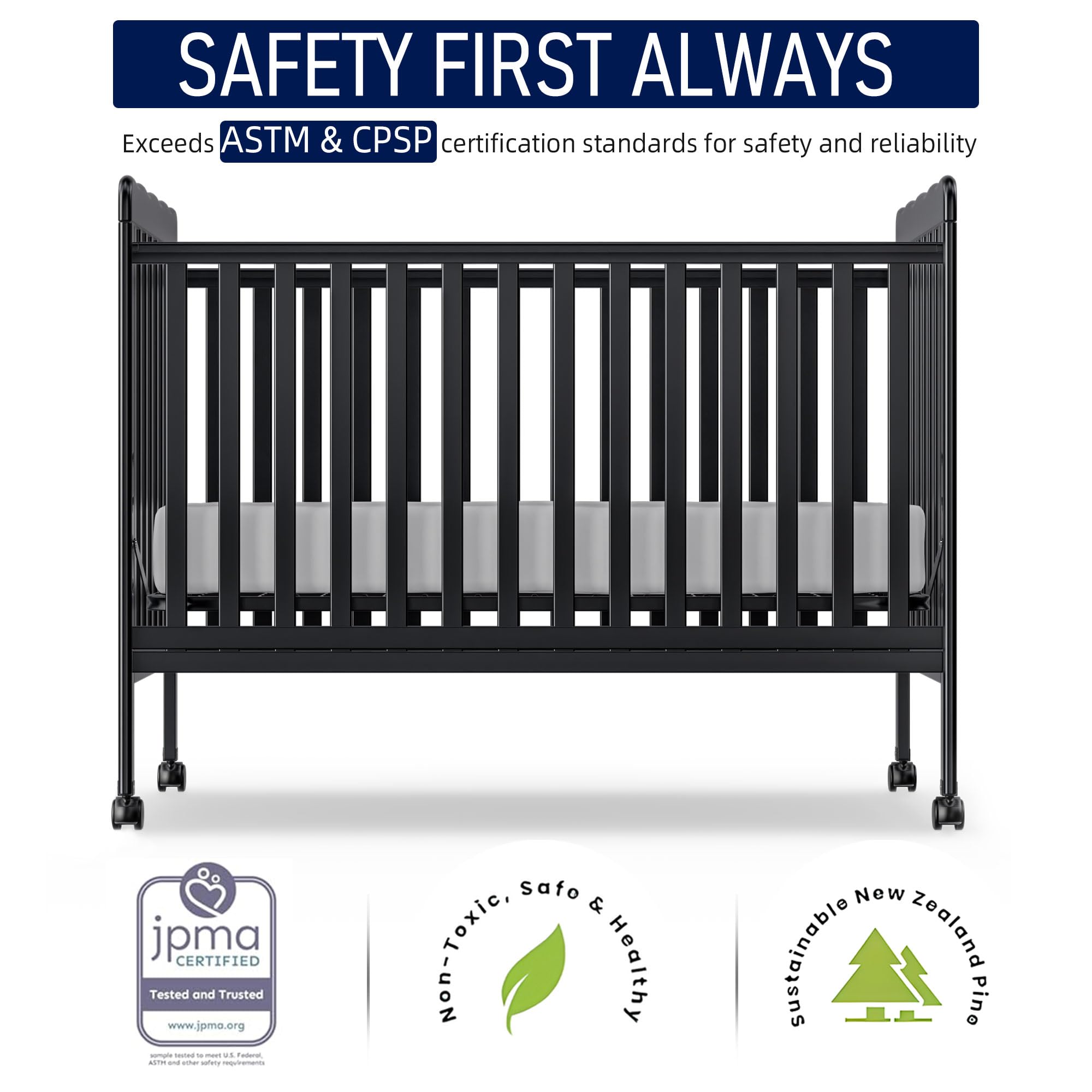 3-in-1 Convertible Crib Wood Full Size Toddler Bed with Locking Wheels