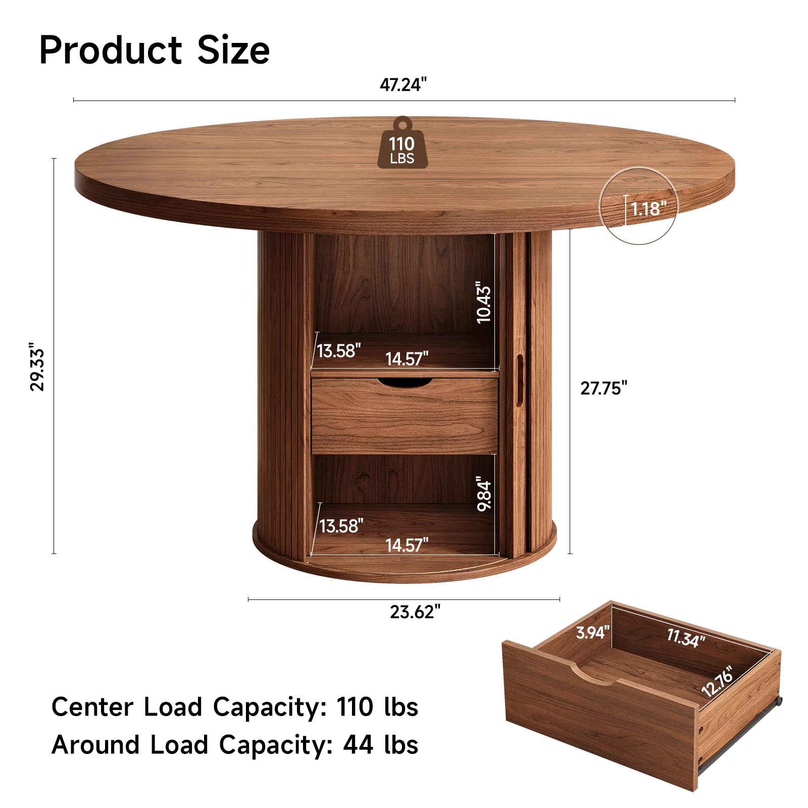 47 Inch Round Dining Table for 4 with Storage