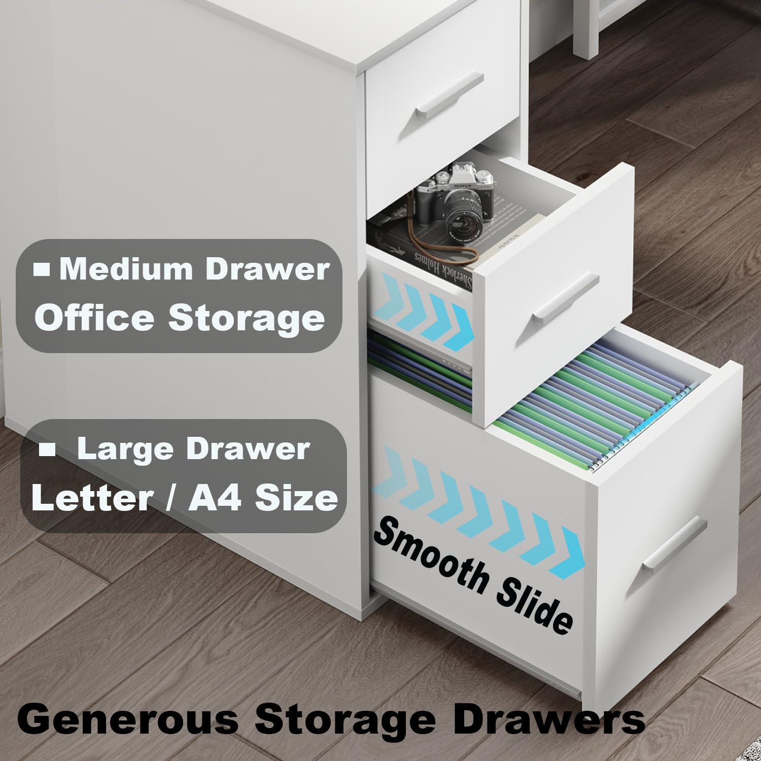 White L shaped Corner Desk with Drawers, Reversible Modern L-Shaped Computer Desk