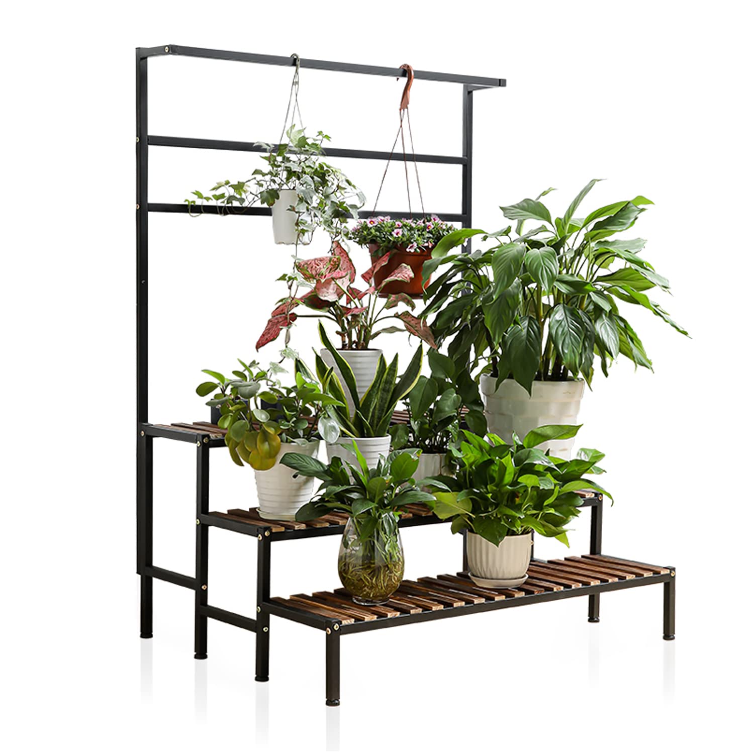 NANKINGFANGAO 3 Tier Hanging Plant Stand Ladder Plant Shelf, Tall Plant Stand Outdoor Indoor Steel-Wood Plant Shelves Metal Frame, Suitable for Terrace Garden Corner Balcony, Living Room Storage