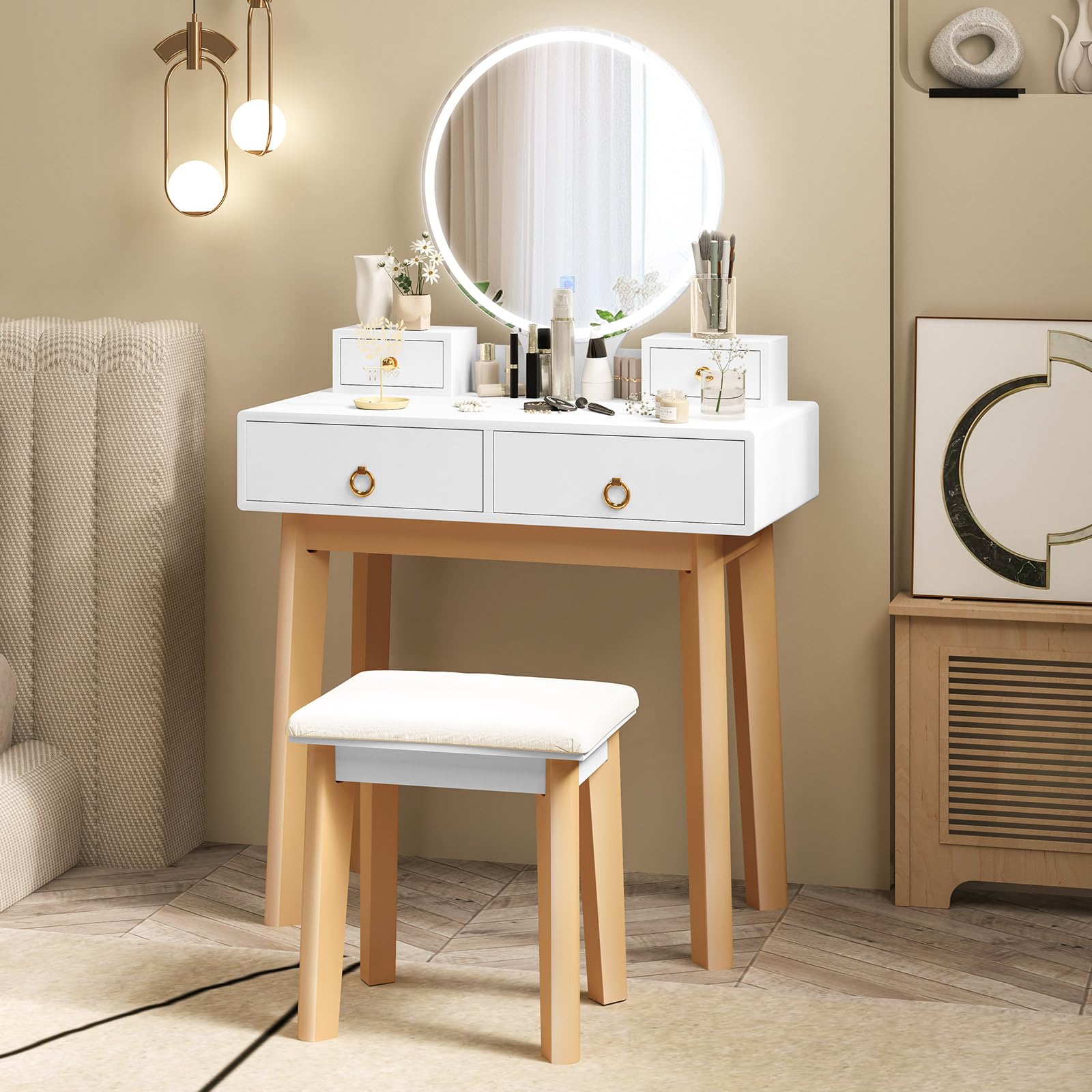 Vanity Desk Set with Lighted Mirror, Dressing Table with 3-Color LED Lights