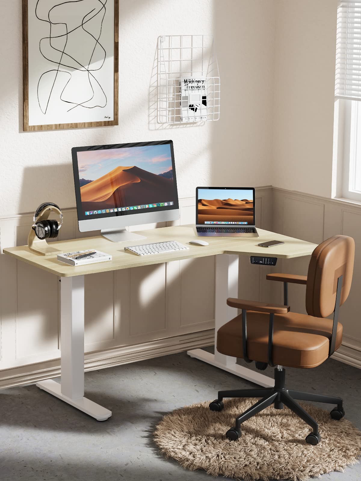 Electric Standing Desk, Height Adjustable Sit Stand up Desk, L-Shaped Memory Home Office Desk with Hook, 55 x 34 inch