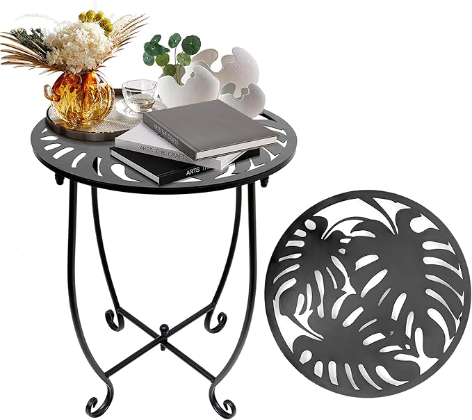 Plant Castle Outdoor Side Table for Small Spaces, 2 Pack 14 Inch Round Metal End Table