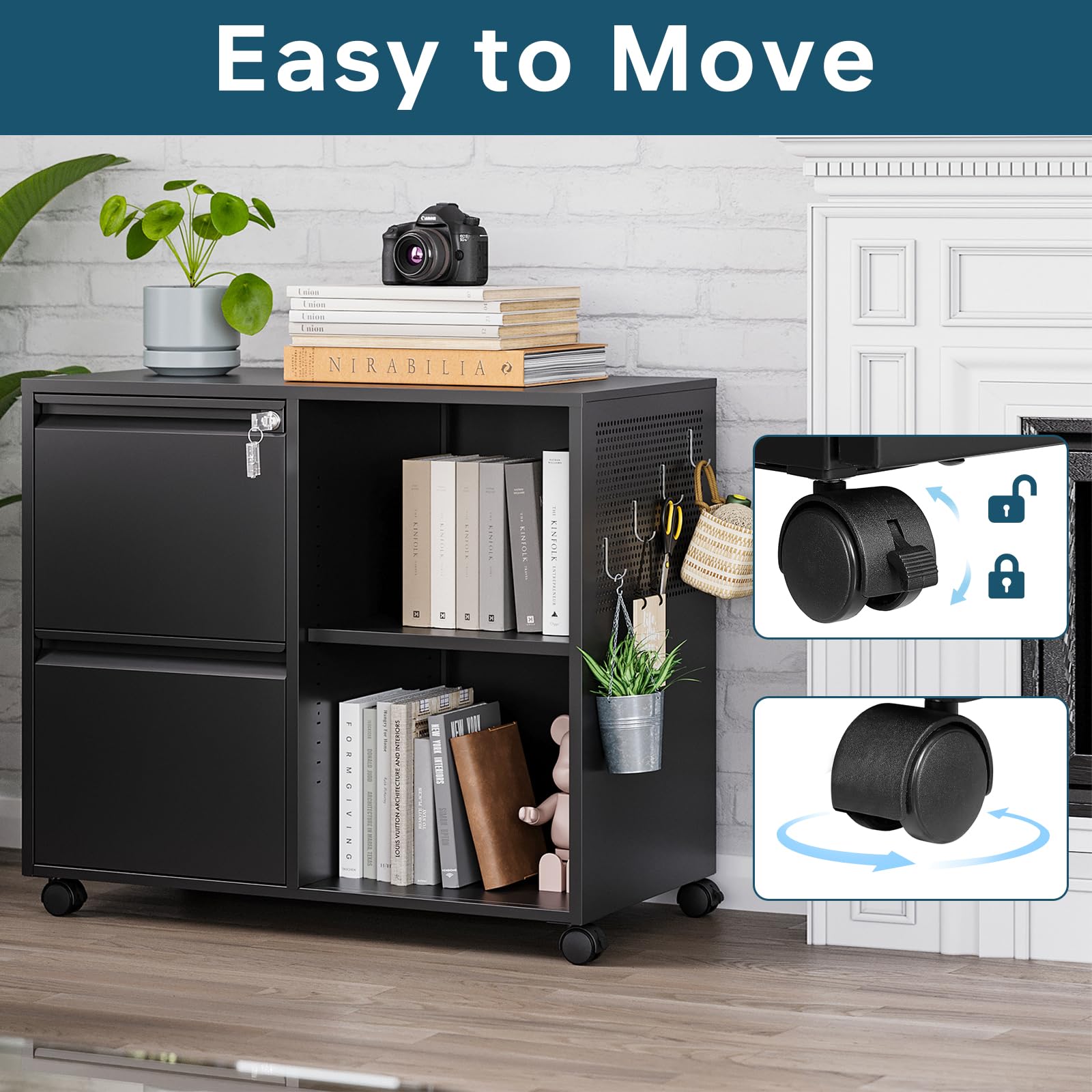 2 Drawer File Cabinet on Wheels, Metal Filing Cabinets with Storage Shelves