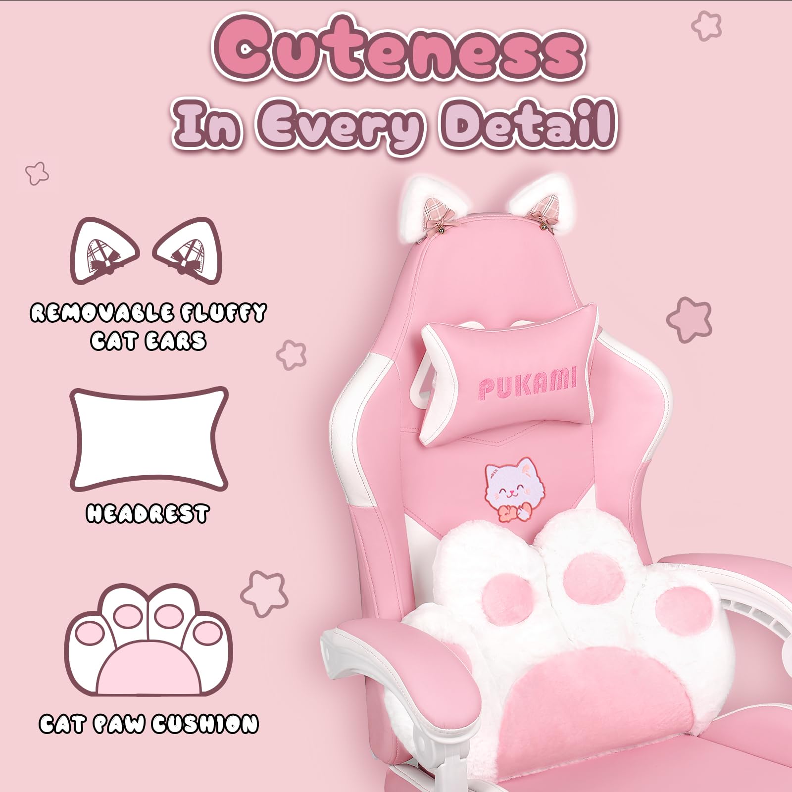 Pink Gaming Chair with Cat Ears - Ergonomic Reclining PC Chair with Footrest