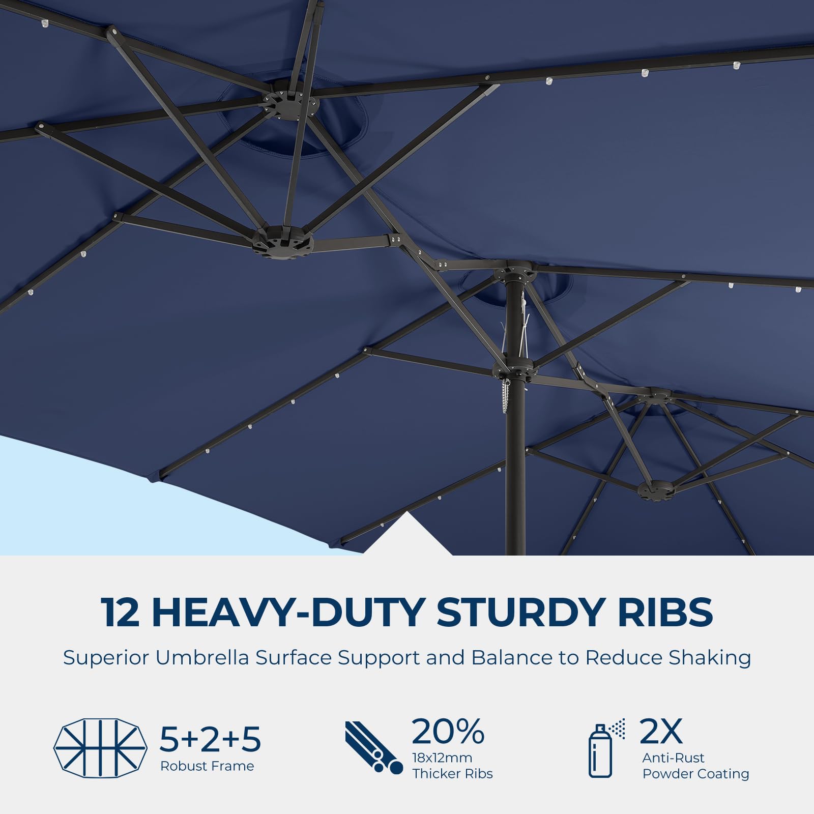 Double Sided Patio Umbrellas - 15ft Solar Lights LED Lighted Outdoor