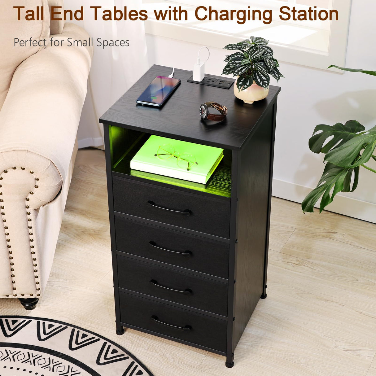 Night Stand Set 2, Tall Nightstand with Charging Station, Dresser for Bedroom