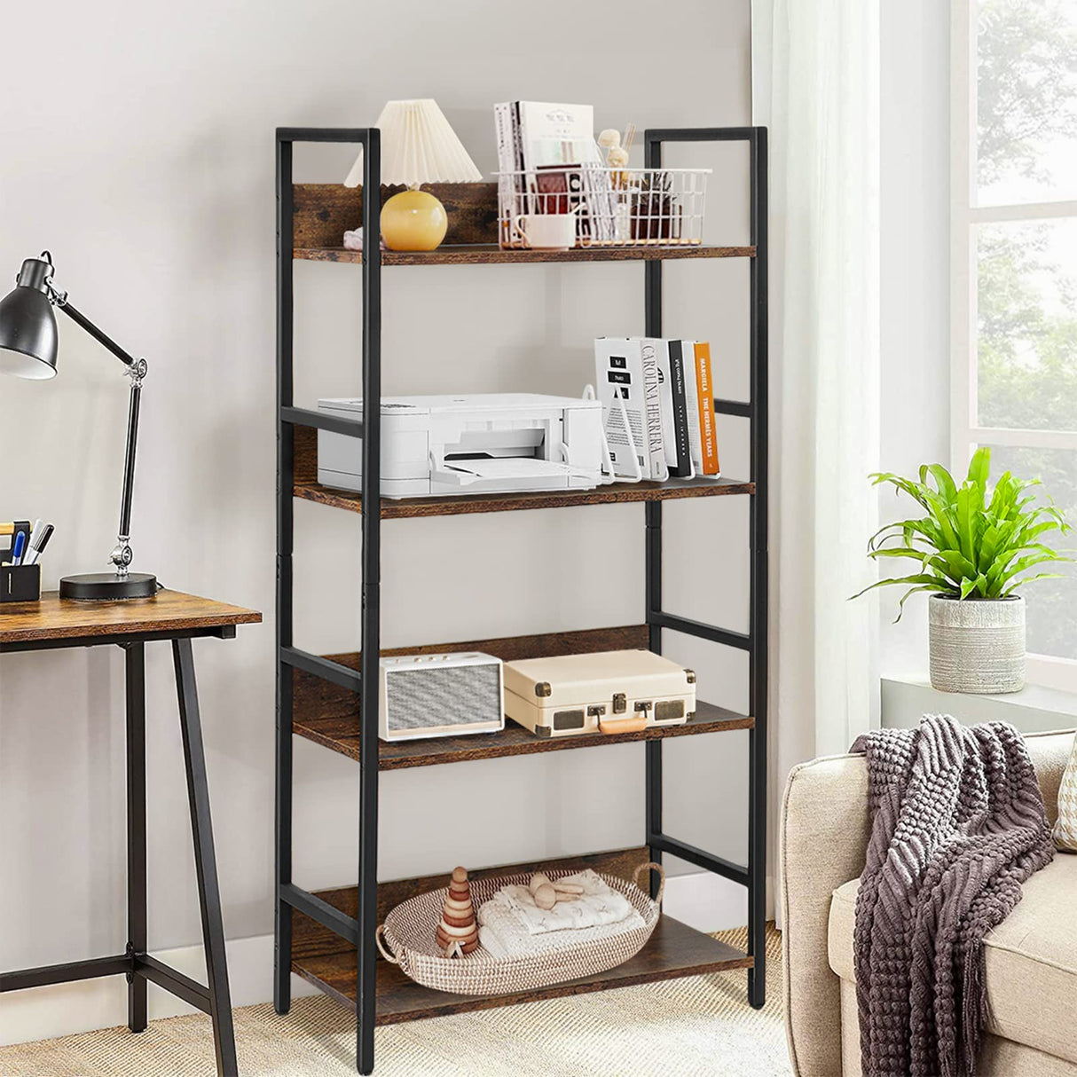 Bookshelf 4 Tier Industrial Bookcase Rustic Wood and Metal Standing Bookshelf