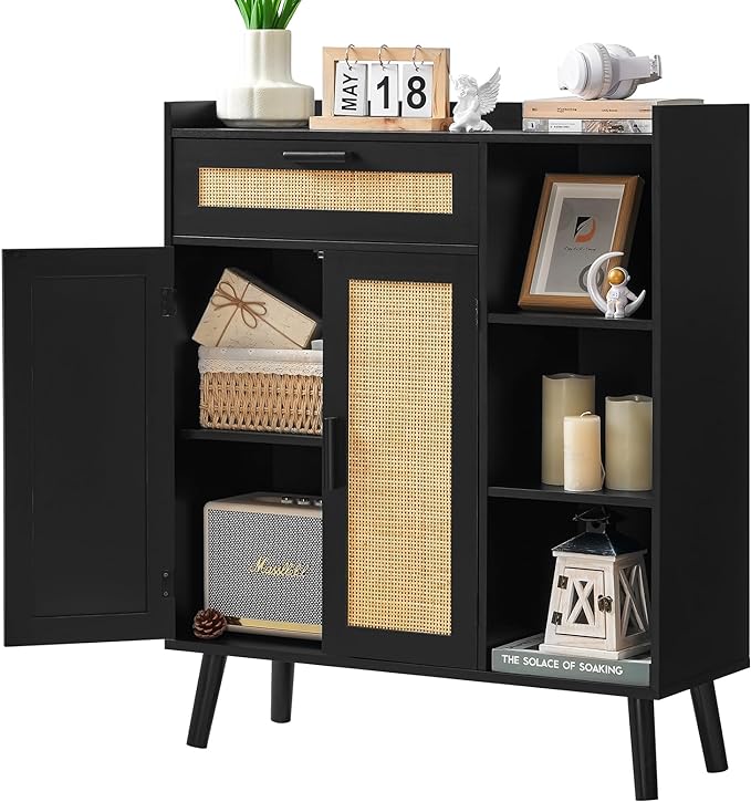 Storage Cabinet, Floor Storage Cabinet with 1 Large Space, 2 Doors & 3 Shelves,