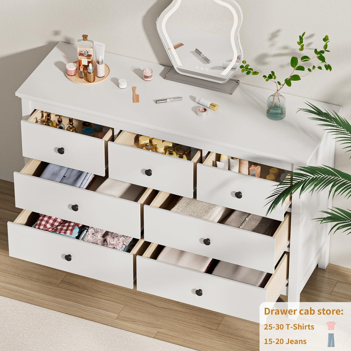 White Dresser for Bedroom, 7 Drawer Dresser with Wide Drawers and Metal Handles