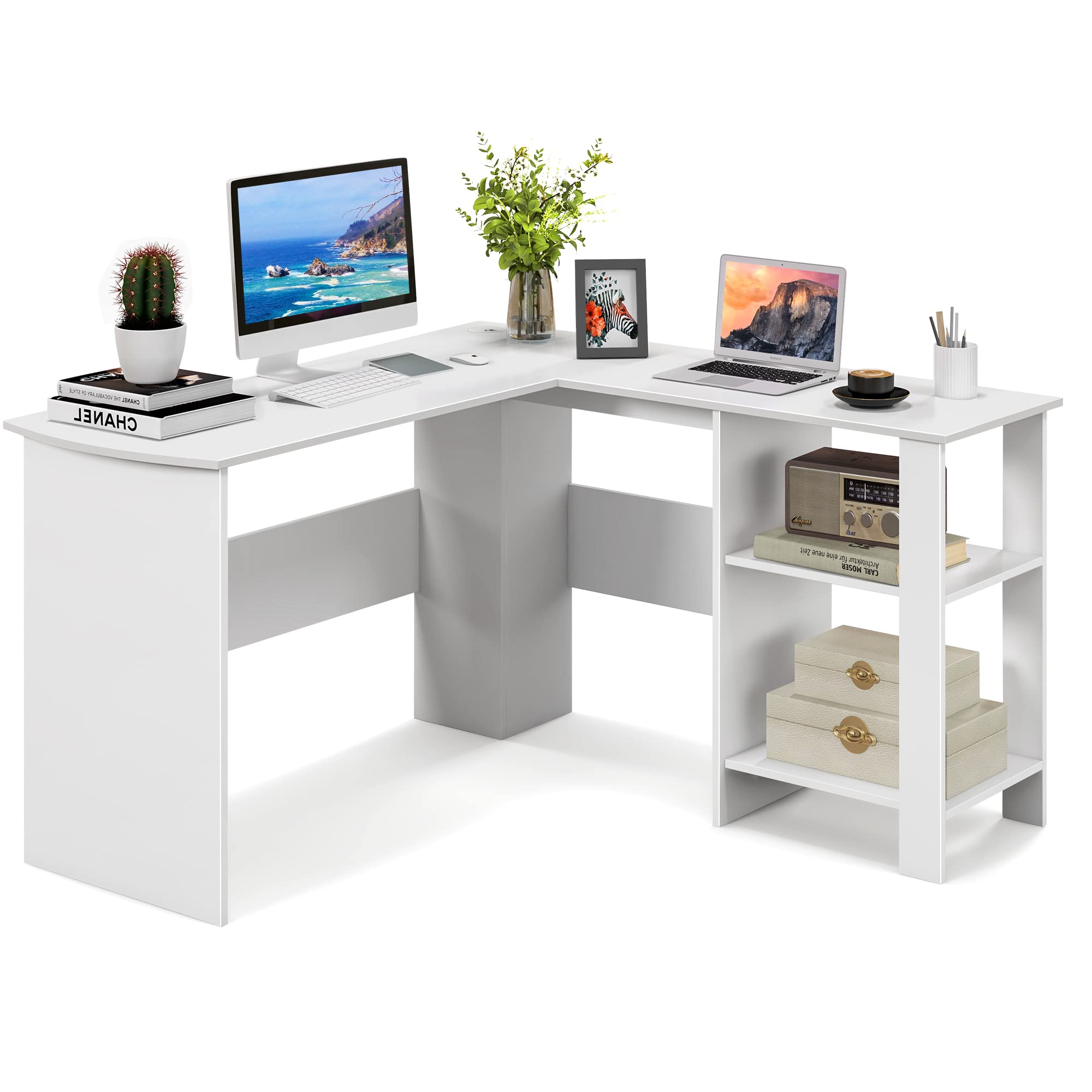 White L Shaped Desk with Storage Shelves, Wooden Corner Computer Desk