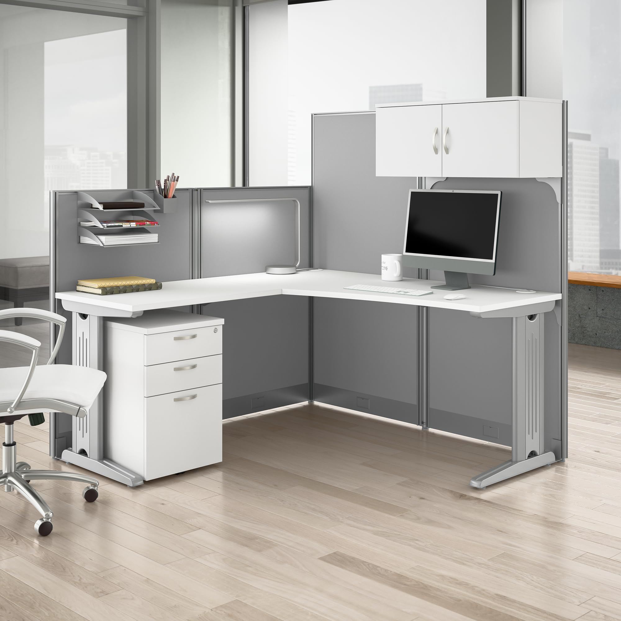 Office in an Hour L Shaped Cubicle Desk with Storage, Drawers