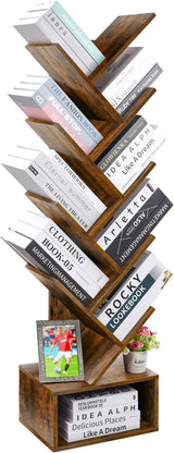 8 Tier Tree Bookshelf, Retro Floor-Standing 8 Shelf Bookcase Storage Rack