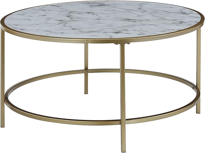 Gold Coast Faux Marble Round Coffee Table, White Faux Marble / Silver Frame