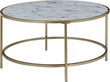 Gold Coast Faux Marble Round Coffee Table, White Faux Marble / Silver Frame