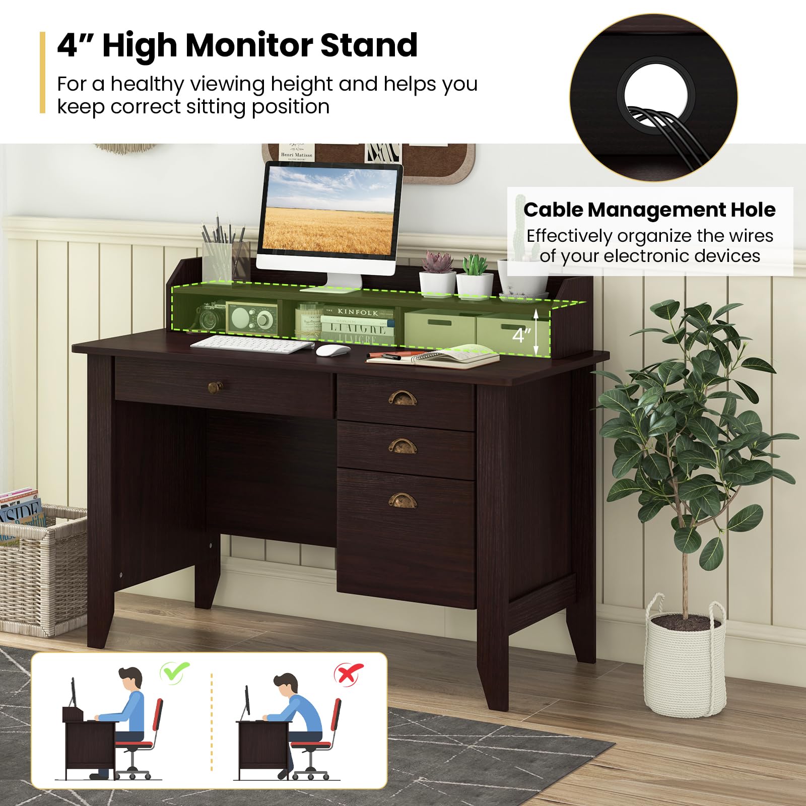 Computer Desk with 4 Storage Drawers & Hutch, Home Office Desk Vintage Desk