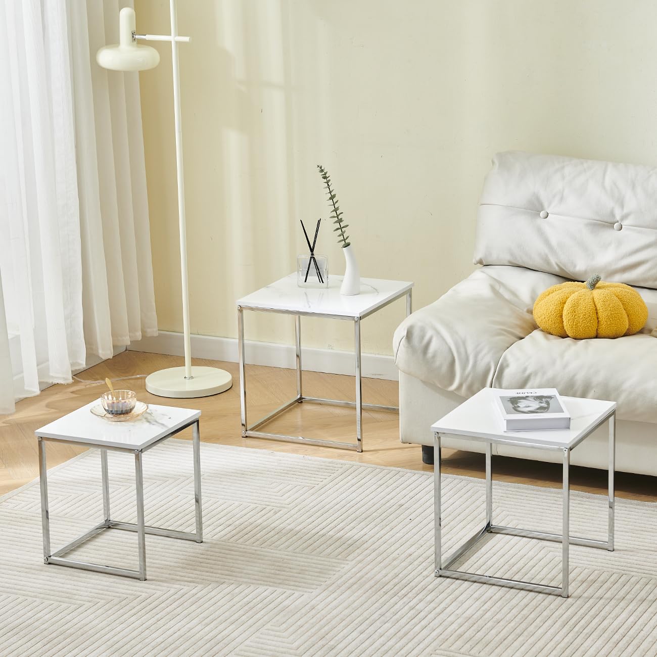 Set of 3 Square End Table Side Table Nesting Nightstand Chrome Finish Contemporary Furniture Home Living Room