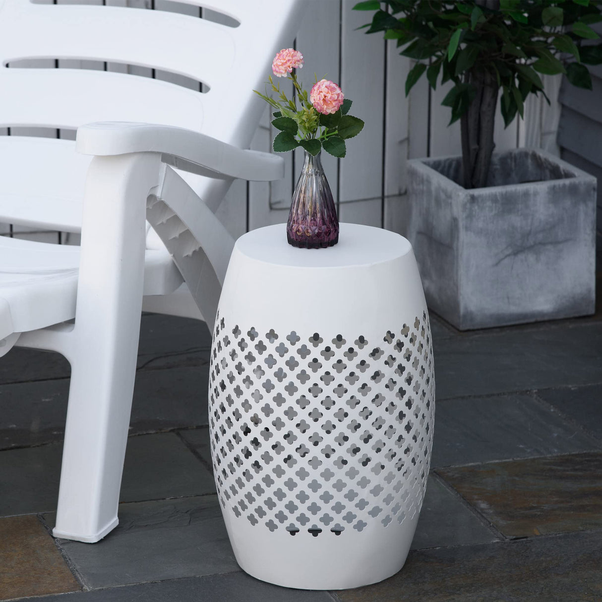 12.5" Steel Patio End Table, Round Hollow Drum Side Table