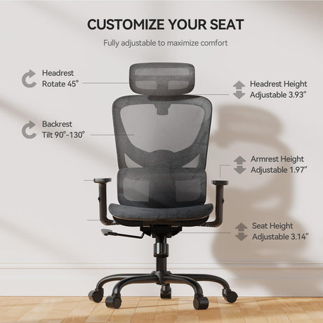 NOBLEWELL Ergonomic Mesh Office Chair with Flexible Adjustment Lumbar Support, High Back Desk Computer Chair with 2D Wide Headrest, Armrests, 130° Rocking Tilt, Home Office Chair for Long Hours, Grey