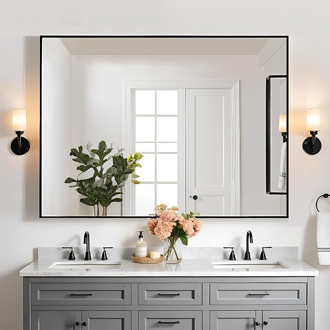 Large Mirror 32x48 Inch, Rectangle Bathroom Mirror, Black Metal Framed Mirror for Wall