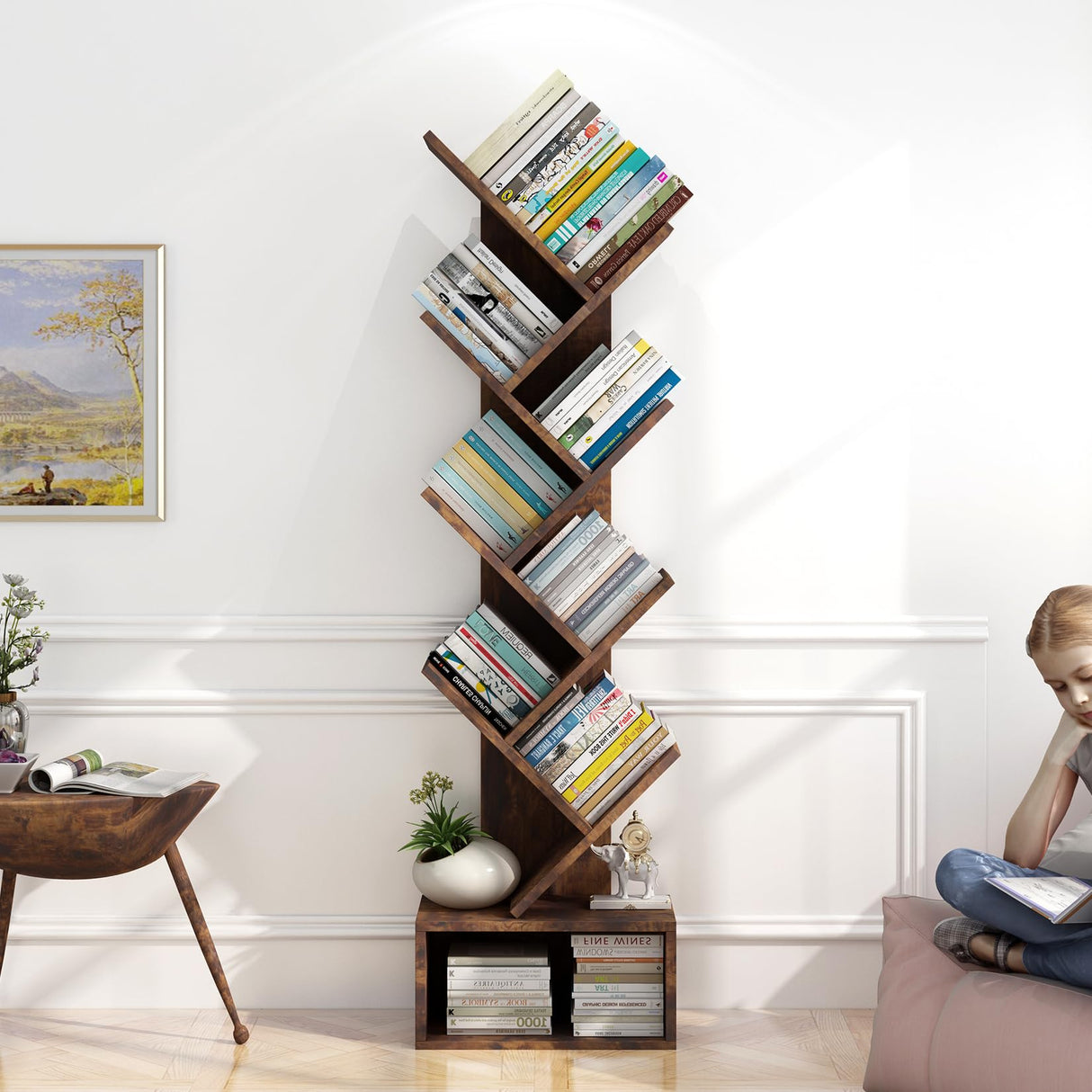 Tree Bookshelf with Storage, 8 Tier Wooden Tall Book Shelf, Floor Standing Bookcase for