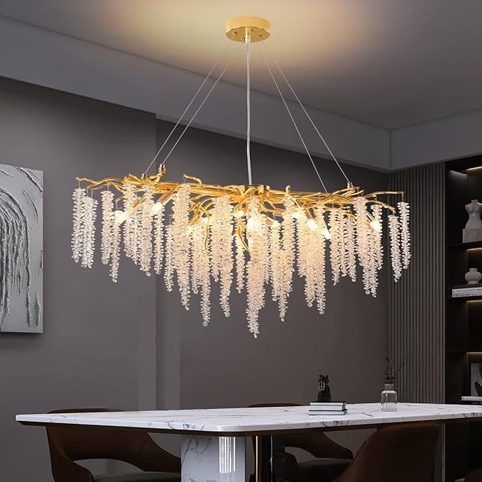 Crystal Tree Branches Chandeliers Gold Luxury Round Raindrop Pendant Light 12 Lights