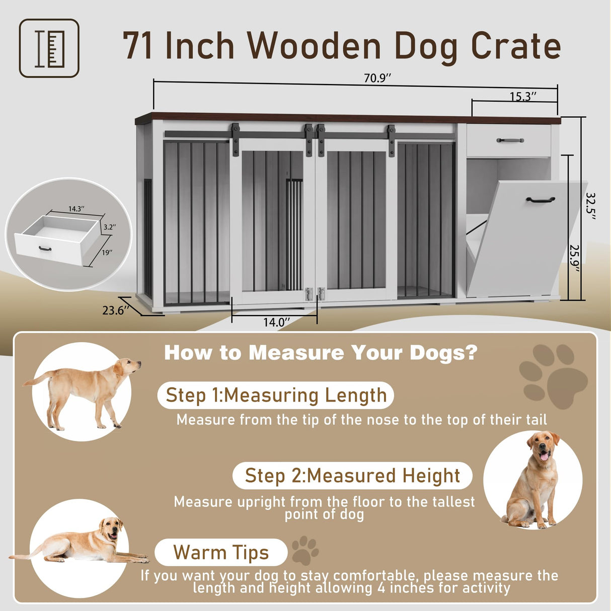 Large Dog Crate Furniture - 71 Inch Wooden Double Crate with Storage