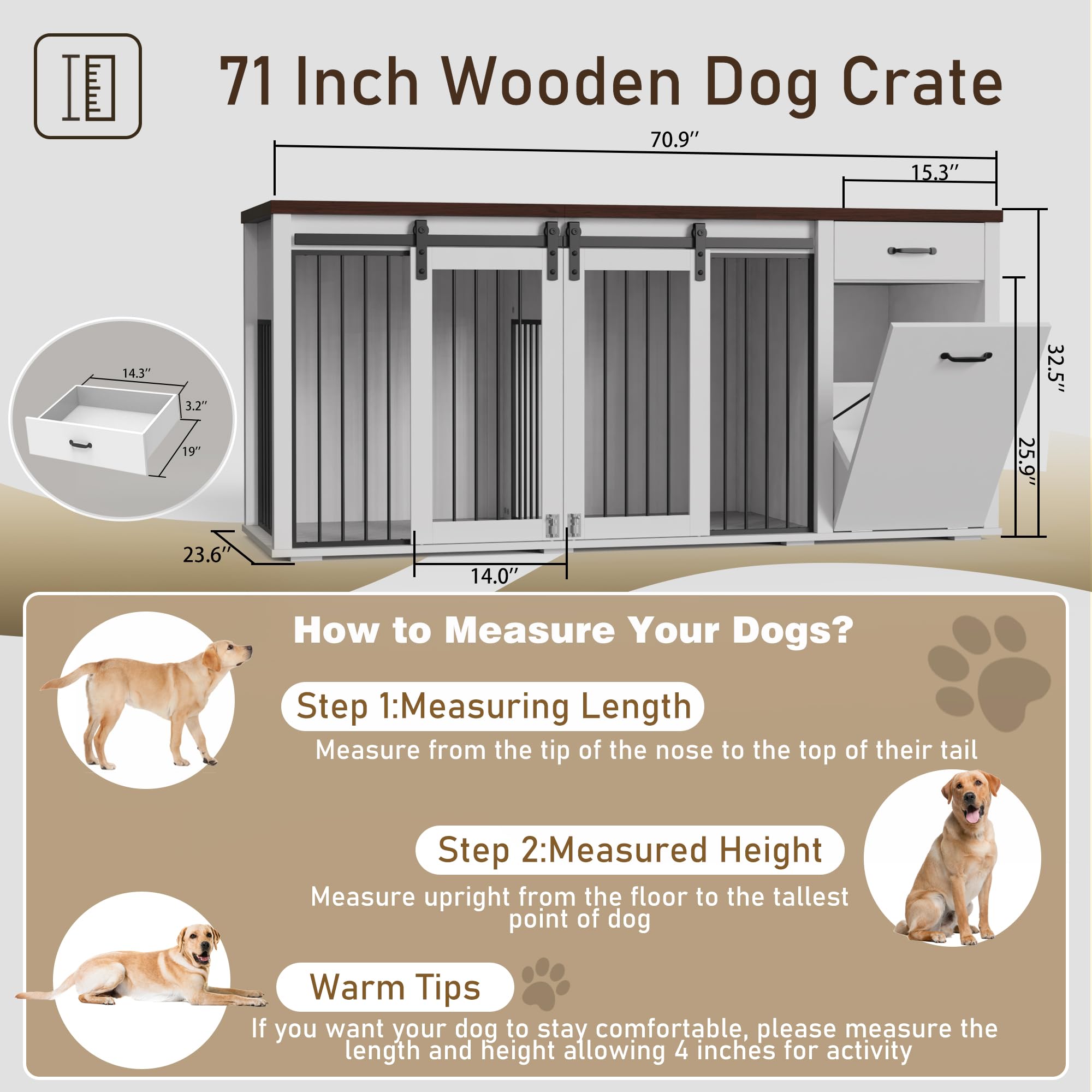 Large Dog Crate Furniture - 71 Inch Wooden Double Crate with Storage