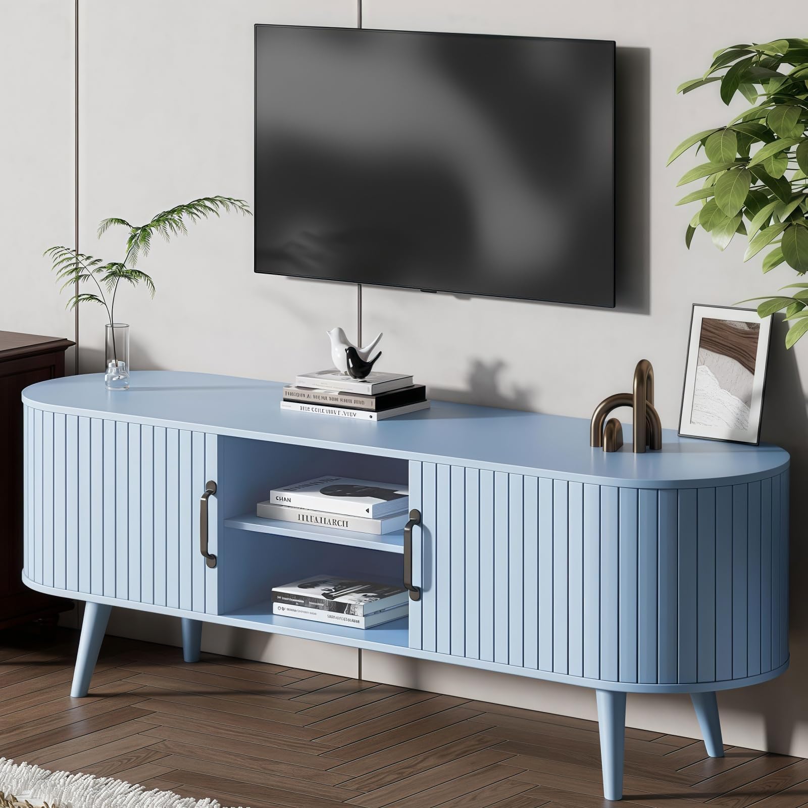 68" Fluted TV Stand with Sliding Door Storage - Light Blue