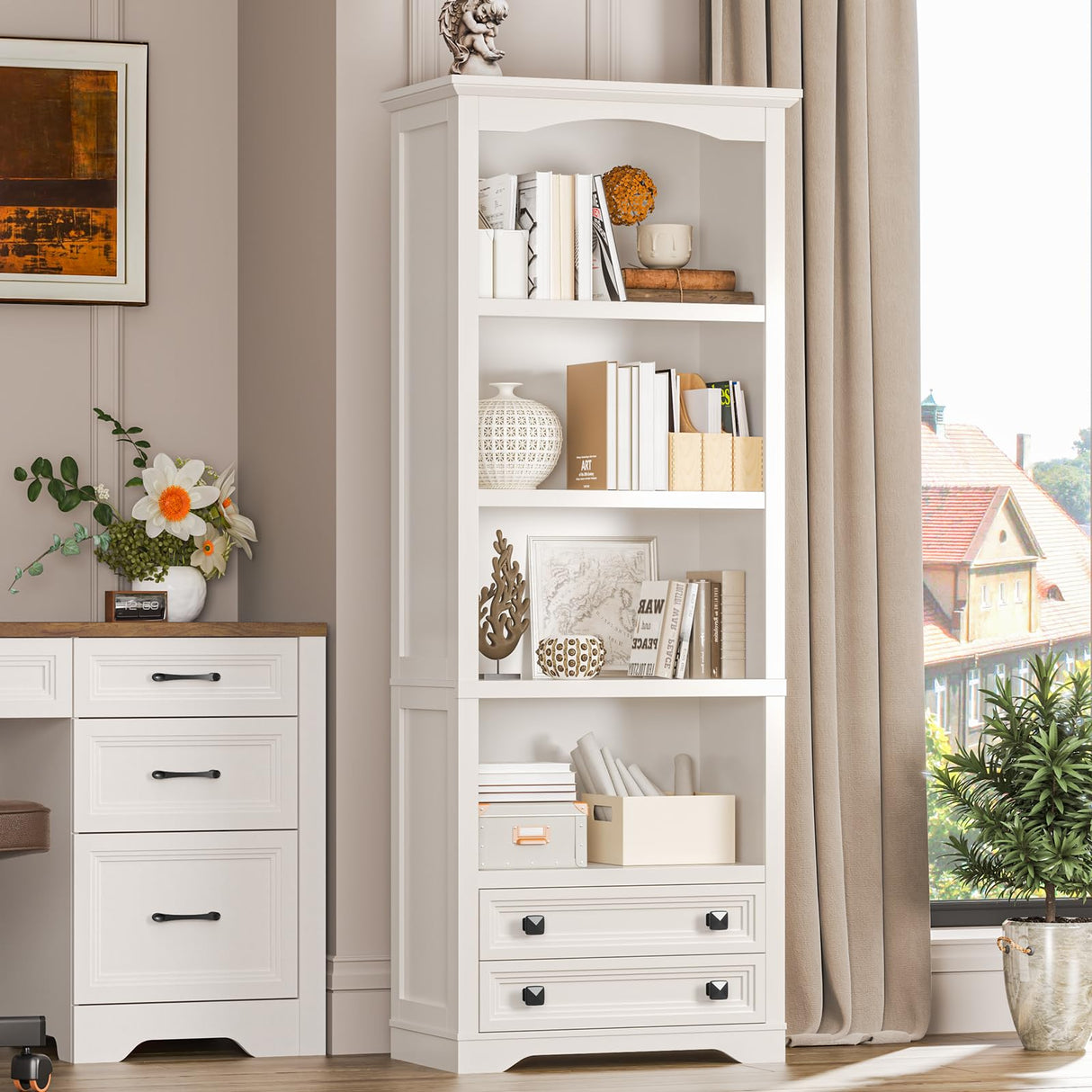 Bookcase with Storage Drawers, Wooden Bookcase with 4-Tier Open Shelves and 2 Drawers,