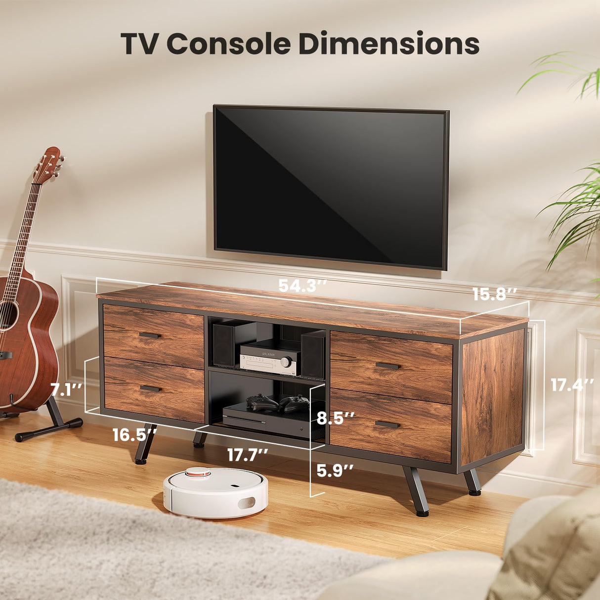 TV Console Table for up to 65″ TVs, Retro TV Stand with Metal Frame