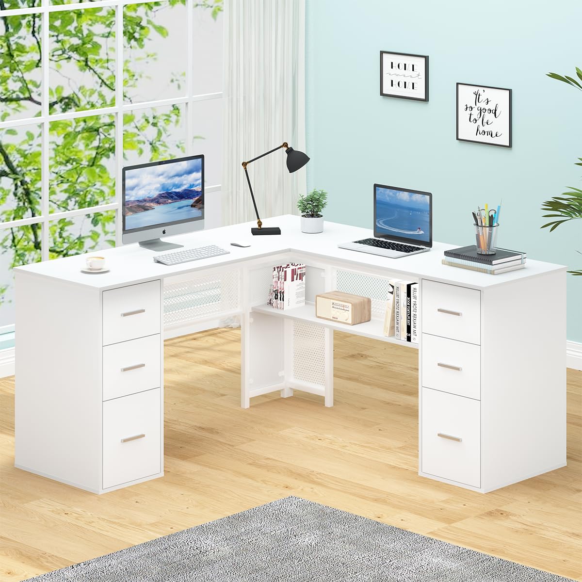 White L Shaped Desk with Drawers Shelves, Large Home Office Corner Computer Desk