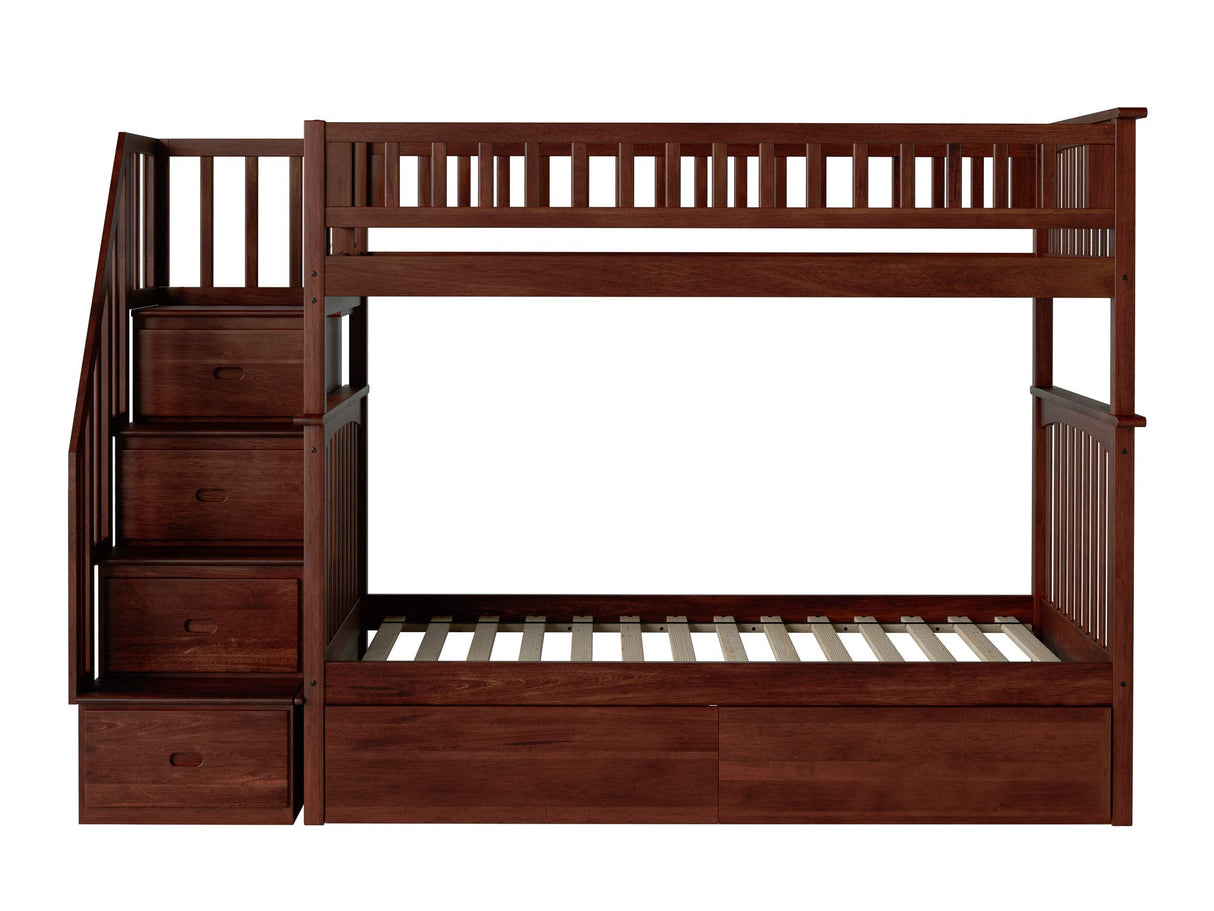 Columbia Twin over Twin Size Staircase Bunk Bed with Bed Drawers & Charging Station in Walnut