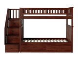 Columbia Twin over Twin Size Staircase Bunk Bed with Bed Drawers & Charging Station in Walnut