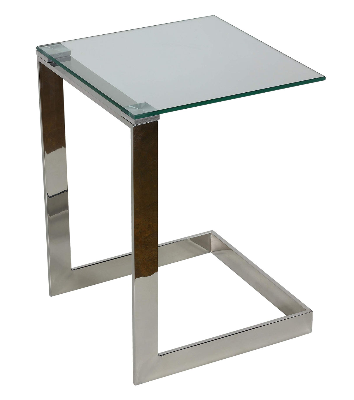 Zulu C Shape End Table, 22" High, Stainless Steel with Glass Top,Silver