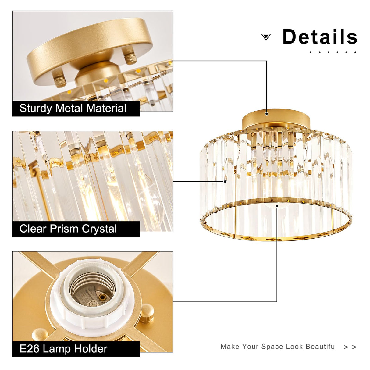 Modern Gold Semi Flush Mount Ceiling Light Crystal Hallway Light Fixture Metal Close