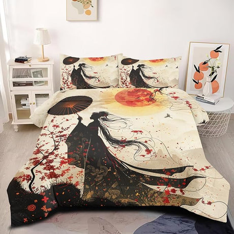 Pink Floral Butterfly Comforter Bedding Set King Size Japanese Cherry Blossom Bed Sets