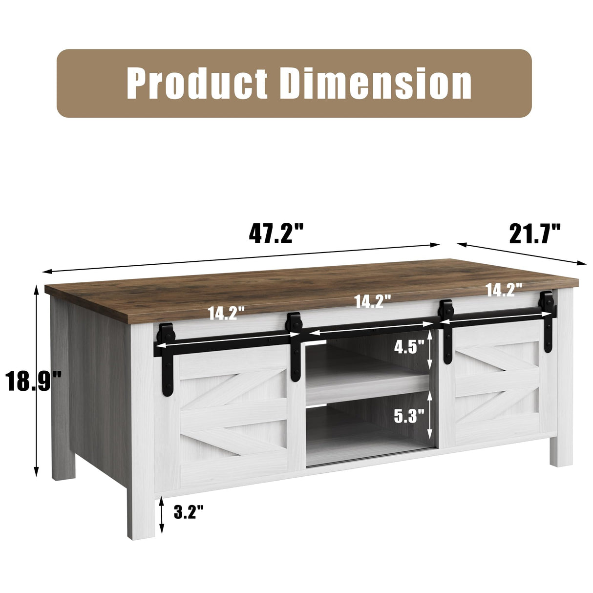 Coffee Table with Storage and Sliding Barn Doors, Farmhouse Living Room Table