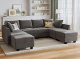 Modular Sectional Sofa with Ottoman Oversized U Shaped Couch with Reversible Chaise Velvet Sleeper Modular Sofa Convertible Sectional Couch for Living Room, Grey