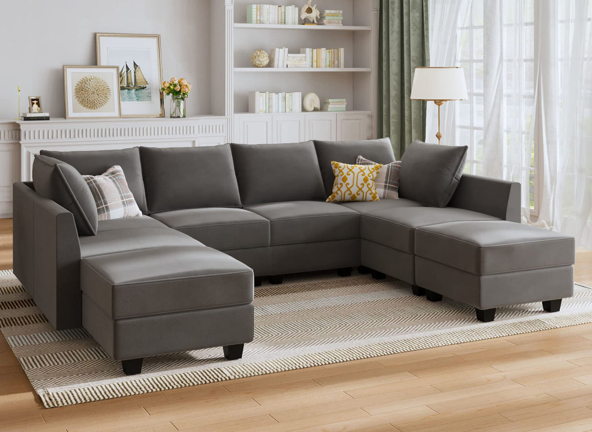 Modular Sectional Sofa with Ottoman Oversized U Shaped Couch with Reversible Chaise Velvet Sleeper Modular Sofa Convertible Sectional Couch for Living Room, Grey