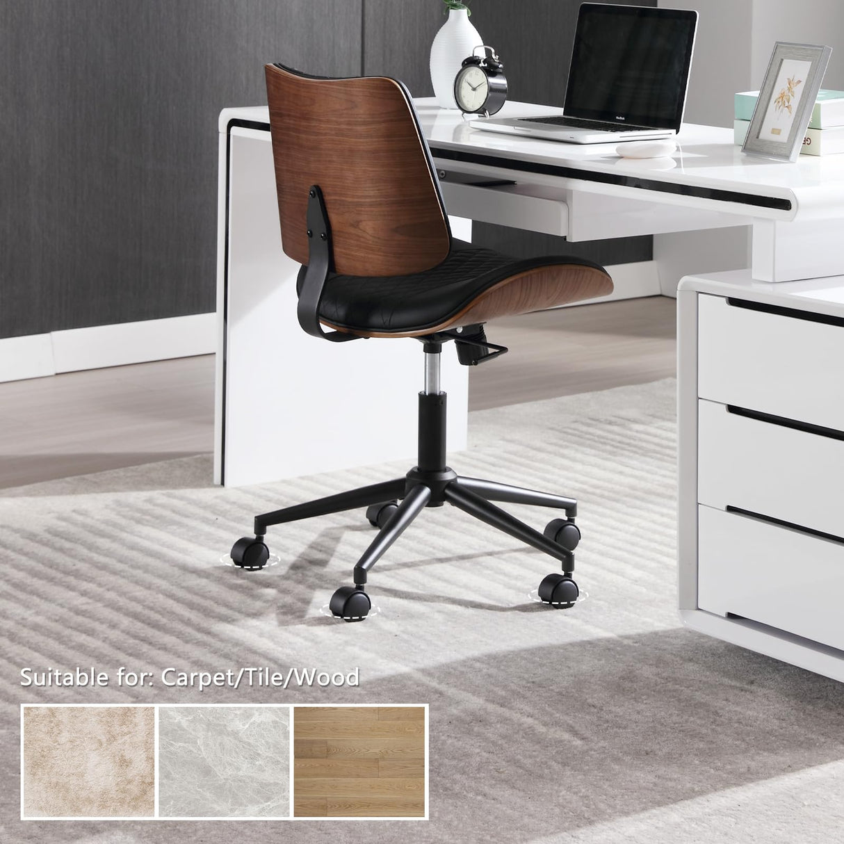 Office Chair No Arms with Wheels, Adjustable Height Small Desk Chair, PU Leather Mid