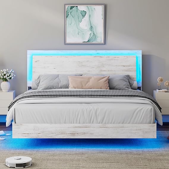 King Size Floating Platform Bed Frame with LED Light and Headboard