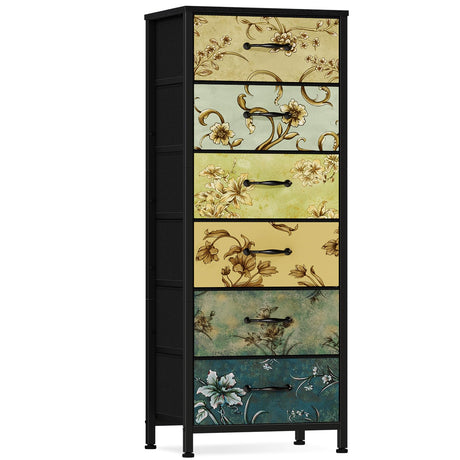 Furnulem Tall 6 Drawers Dresser, Vintage Storage Organizer Unit with Fabric Bins for Bedroom