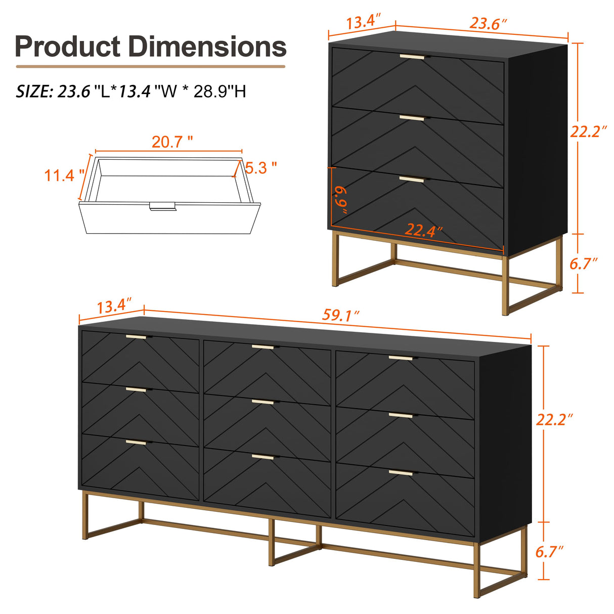 3 Drawer Dresser, Small Chest of Drawers,Black Dressers with Storage