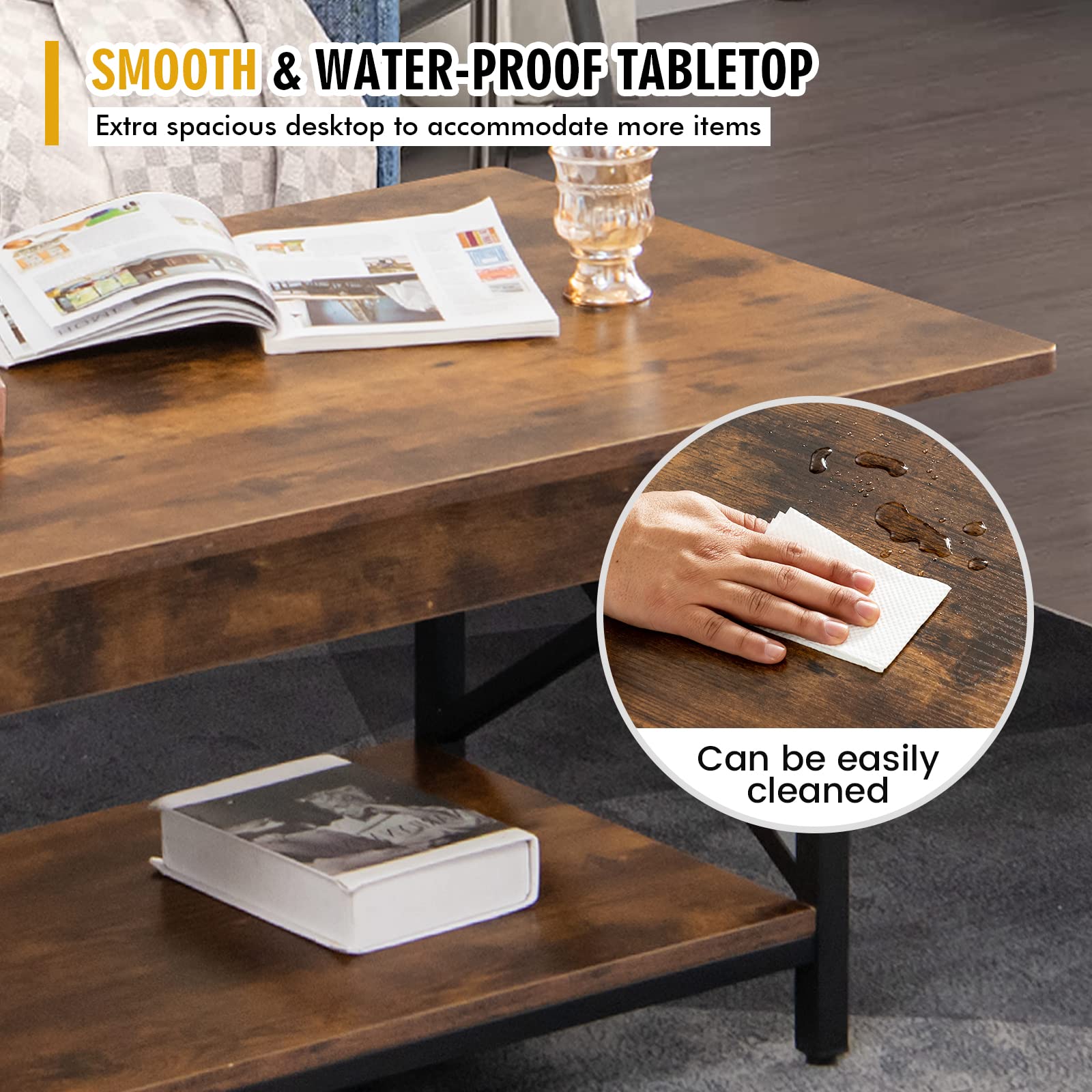 Industrial Coffee Table, 2-Tier Wood Cocktail Tea Table with Storage Shelf