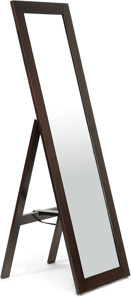 Lund Dark Brown Wood Modern Mirror with Built-in Stand