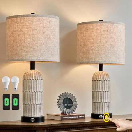 3-Way Dimmable Touch Control Table Lamp Set of 2 with Dual USB Charging Ports