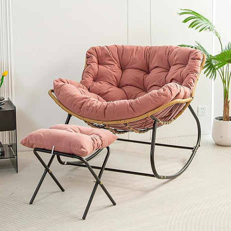 Indoor Rattan Rocking Chair with Footstool, Giant Lazy Lounge Chair Removable Padded